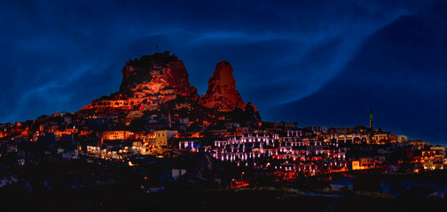 Panorama at night of the ancient city Uchisar in Cappadocia.