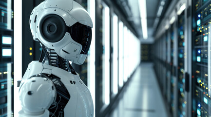 A futuristic robot in a high-tech data center, surrounded by illuminated server racks. Concept of advanced robotics and artificial intelligence technology