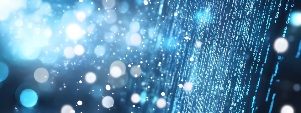 Digital binary code background with a bokeh effect, symbolizing data technology and information exchange in the digital age
