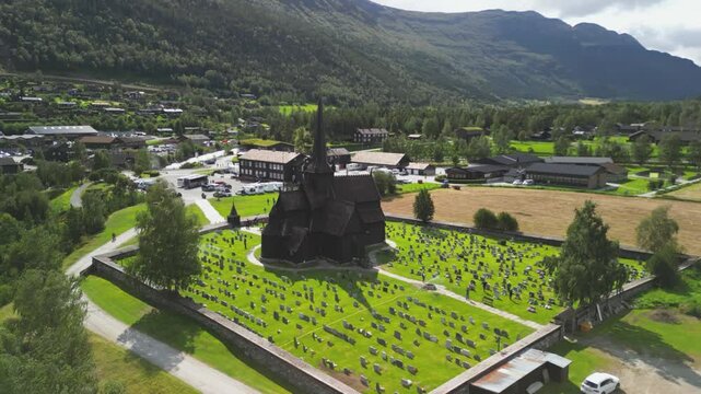 Norwegian wooden church Lom stavkyrkje back side turning aereal