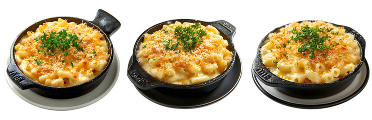 Macaroni and cheese with toppings in cast Iron skillet on the plate isolated on white or transparent background