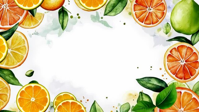 Bright and vibrant citrus fruit border design featuring oranges and lemons with fresh green leaves on a white background