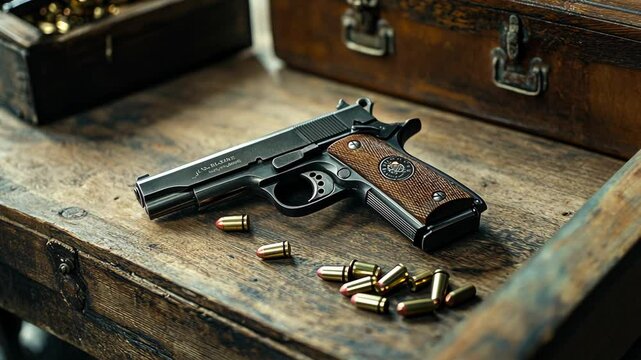 Close-up of a pistol on a rustic wooden table with ammunition resting nearby