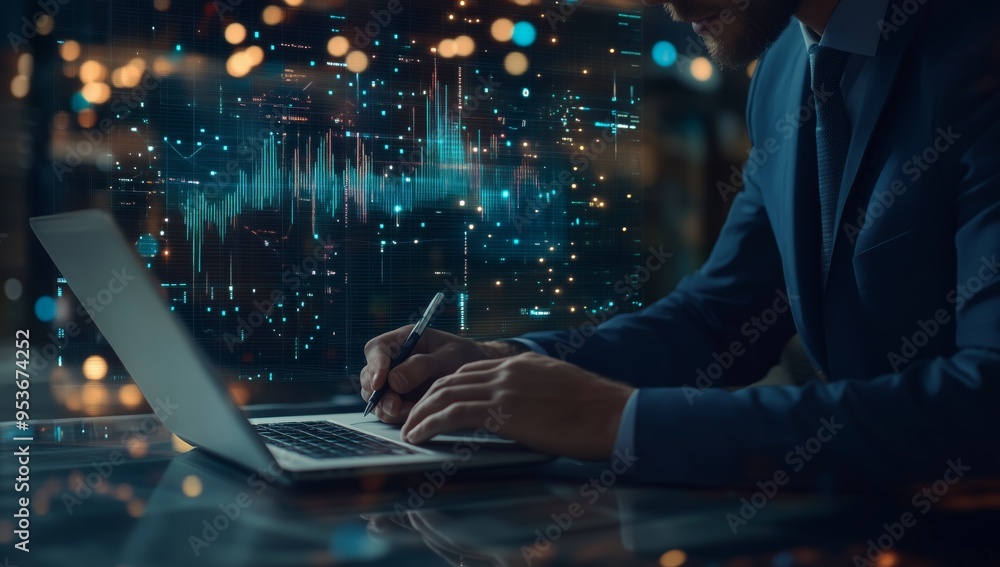 Poster A skilled businessman analyzes extensive data sets with advanced graphs, enhancing his understanding and decisionmaking in analytics and business development, leading to greater success