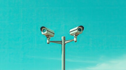 Two surveillance cameras affixed to a pole, standing out against a serene blue sky, providing robust surveillance and security in a public space. --