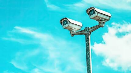 Two surveillance cameras affixed to a pole, standing out against a serene blue sky, providing robust surveillance and security in a public space. --