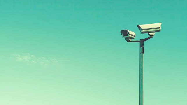 Two surveillance cameras affixed to a pole, standing out against a serene blue sky, providing robust surveillance and security in a public space. --