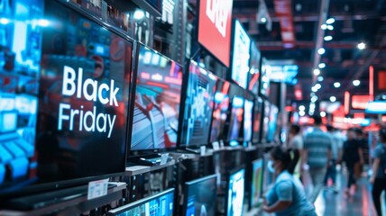 Close-up of a "Black Friday" sale sign in a busy electronics store, featuring modern smart TVs and discounted home appliances.

