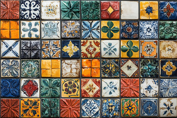 Brightly colored tiles with traditional patterns. Arranged neatly on the wall, each tile is painted with a unique design.