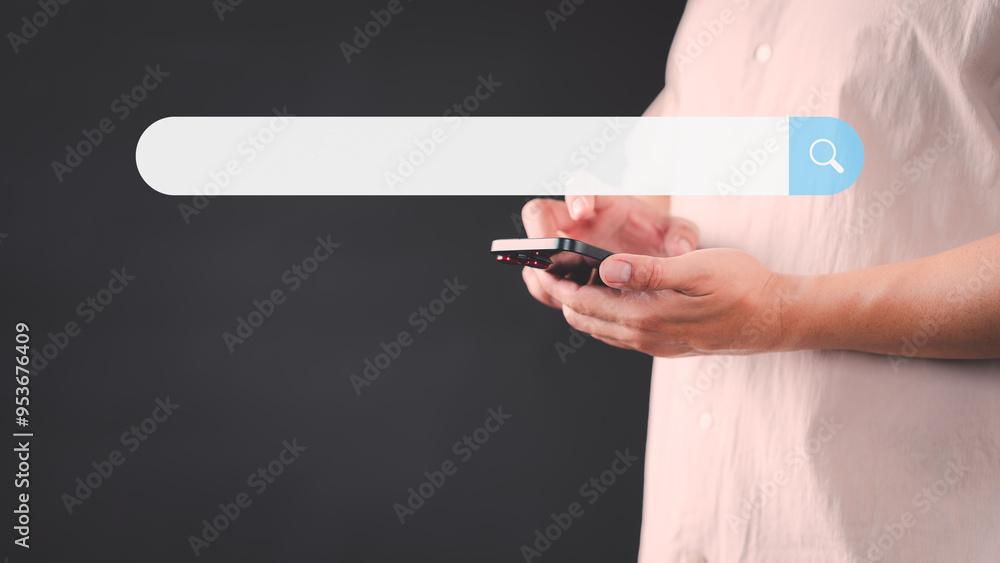 Poster Man using a smartphone searching on the internet. SEO technology networking engine optimization internet with search bar. Searching browsing internet data information concept