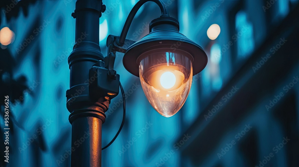 Poster view of a cctv security camera installed on a street lamp, monitoring public spaces. highlights its 