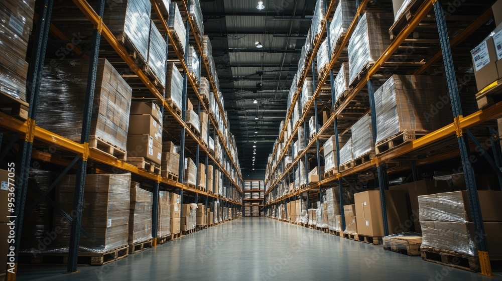 Poster view of stored inventory in a large logistics warehouse with neatly organized shelves and pallets. e