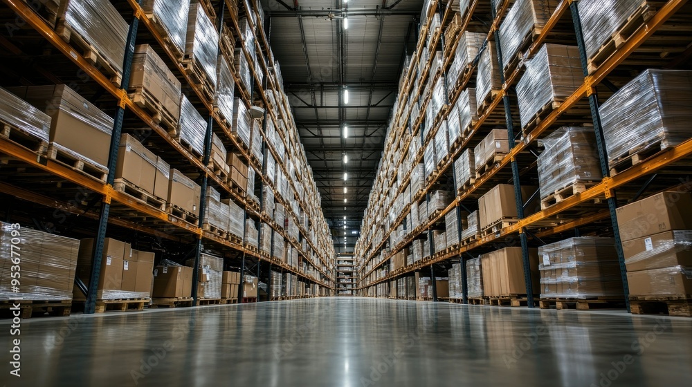 Poster view of stored inventory in a large logistics warehouse with neatly organized shelves and pallets. e