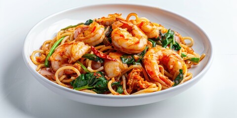 A colorful and appetizing plate of shrimp and spinach spaghetti, a delicious and nutritious meal option.