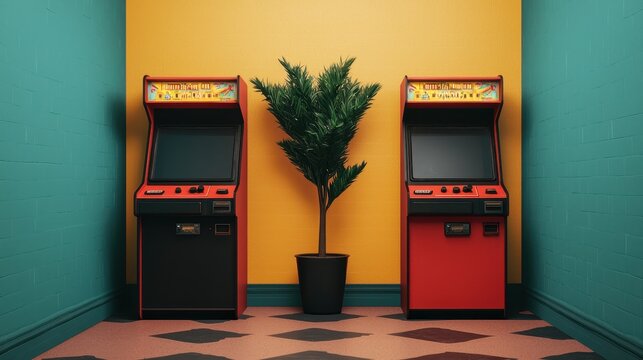 A vibrant gaming corner featuring classic arcade machines with a planting decor, ideal for retro gaming enthusiasts.