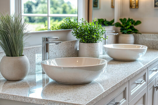 Vasque et robinet dans salle de bains lumineuse