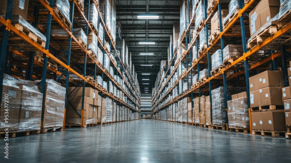 Poster view of stored inventory in a large logistics warehouse with neatly organized shelves and pallets. e