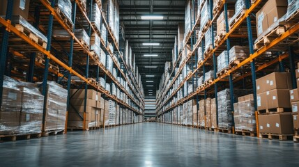 Fototapeta premium View of stored inventory in a large logistics warehouse with neatly organized shelves and pallets. Emphasizes efficient warehouse management and stock handling.