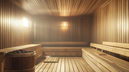The sauna room has wood walls and benches, providing a warm environment for relaxation and detoxification. It's suitable for gym usage or medical treatments.