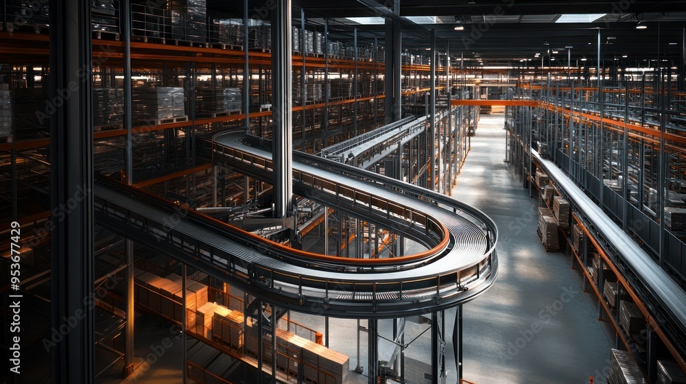 Poster automated conveyor system in a modern warehouse