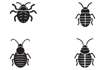 A silhouette of a bedbug as a black logo icon against a white background.