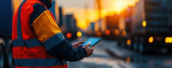 A worker in a safety vest uses a tablet outdoors, with trucks and a sunset in the background, symbolizing logistics and transport.