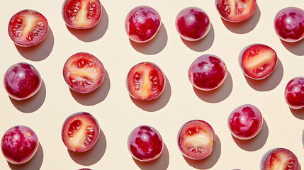 Fototapeta premium Isolated red berry pattern, ripe and juicy plums on white background, sweet and healthy food