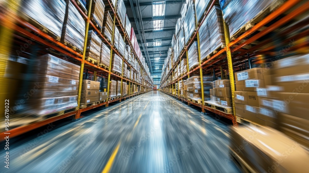 Poster Blurred View of a Warehouse with Rows of Cardboard Boxes on Shelves