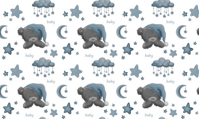 Seamless pattern with cute teddy bear, stars, moon and cloud. Hand drawn template on isolated background. Can be used as nursery print, baby shower, background, wallpaper, for fabric, textile