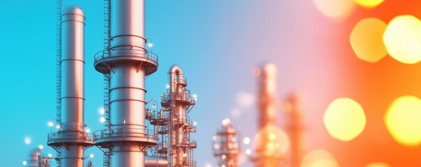 Obraz premium Scena industrialna z dużymi metalowymi wieżami w tętniącej życiem, kolorowej atmosferze, symbolizująca energię i nowoczesną technologię.