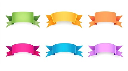 Colorful Vector Ribbon Banners: A Versatile Set of Ribbons, Labels, Tags, and Quality Badges in Modern Flat Design, Featuring Bright Colors and Clean Lines, Isolated on a White Background.