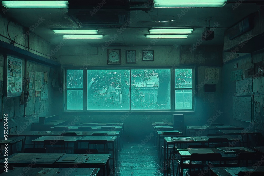 Poster an empty classroom with foggy windows and desks