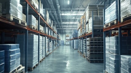 Obraz premium Visual of a logistics warehouse with stored inventory, featuring a well-arranged storage area with stacked pallets and organized product bins.