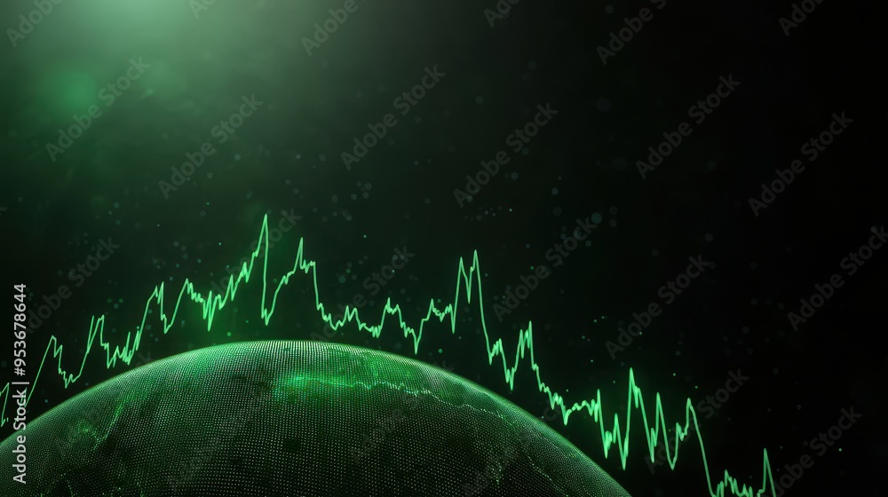 Poster vibrant green waveforms overlaying a stylized planet, creating a dynamic visual representation of da