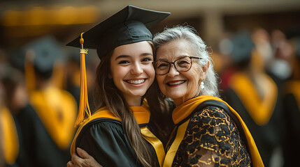 A proud grandmother hugs her granddaughter, a recent graduate, at their graduation ceremony.