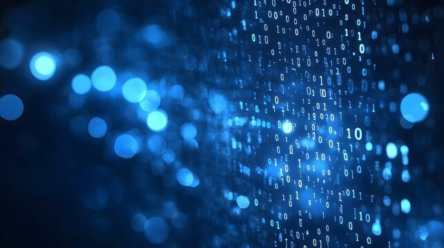 Digital binary code background with a bokeh effect, symbolizing data technology and information exchange in the digital age