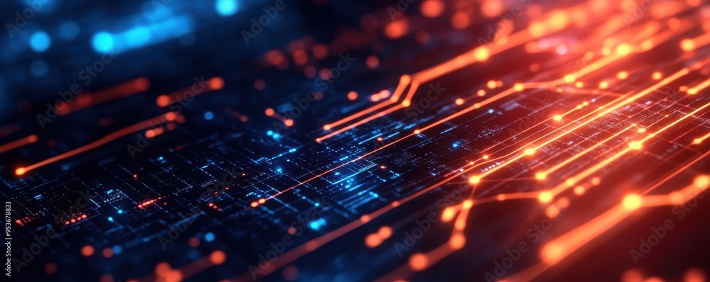 Poster abstract digital circuit background with glowing lines and nodes in blue and orange, symbolizing tec