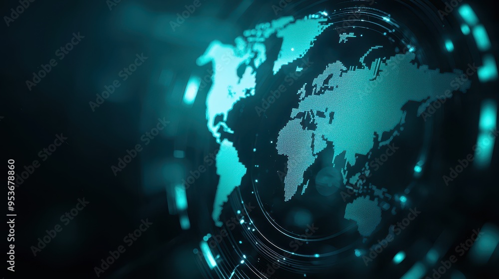 Poster abstract digital world map design with glowing elements in blue tones. perfect for global technology