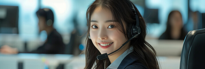 Asian call center employee working in office, communicating with customers