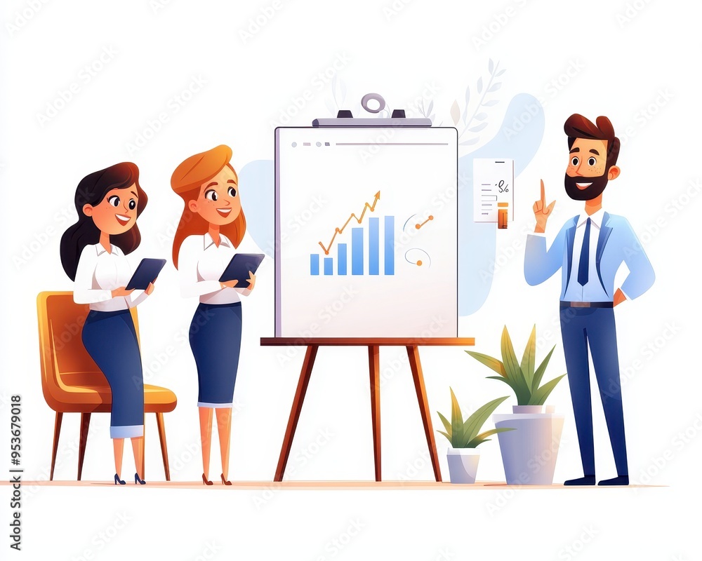 Poster a business meeting with a presentation showing growth charts and team collaboration in a modern offi