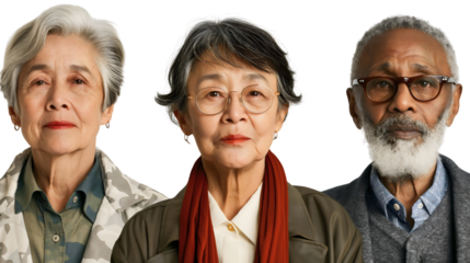 Senior old woman and man, diversity and multiracial community, retired multiethnic group portrait, with happy elderly friends on transparent background