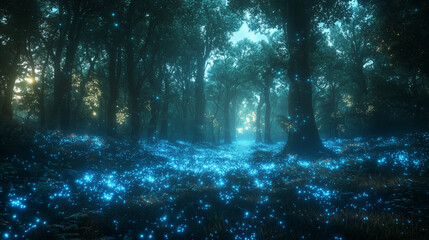 enchanted forest illuminated by bioluminescent light and the first rays of dawn, creating a magical and serene atmosphere in the woodland