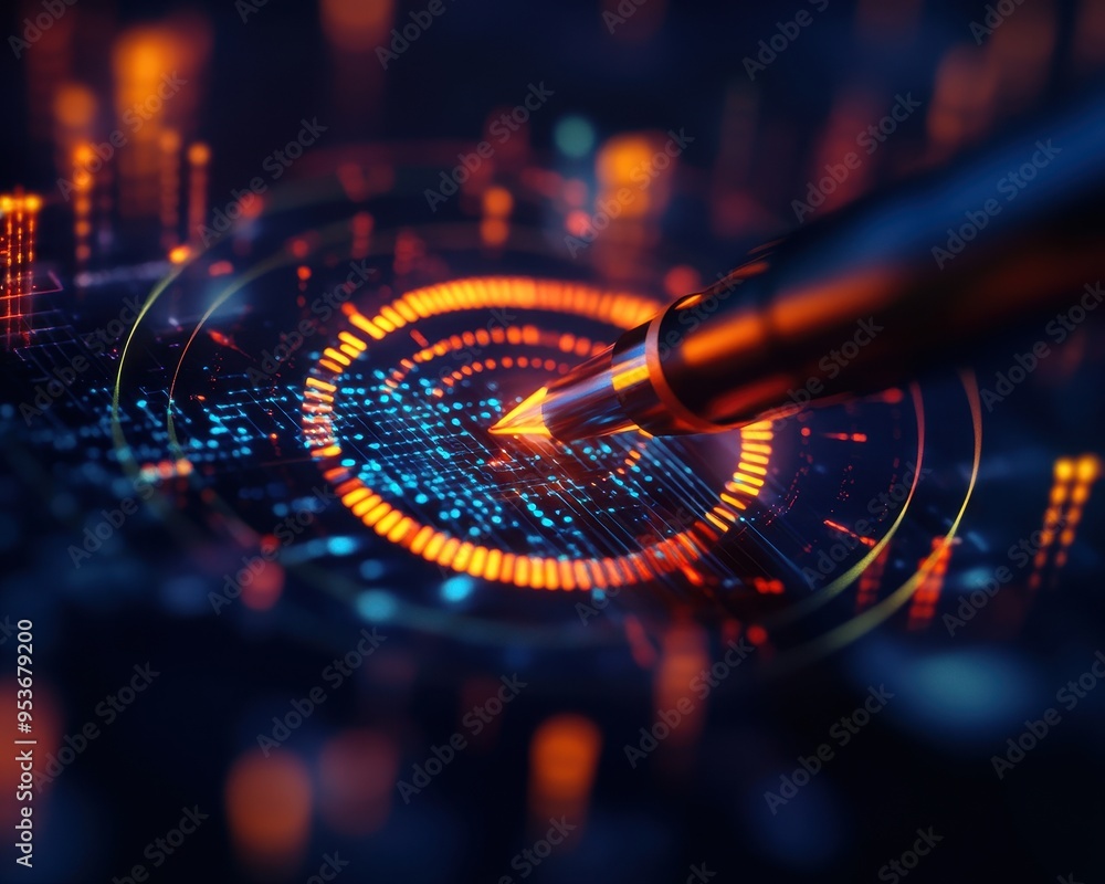 Poster a close-up of a futuristic pen on a digital interface featuring vibrant data patterns and glowing el