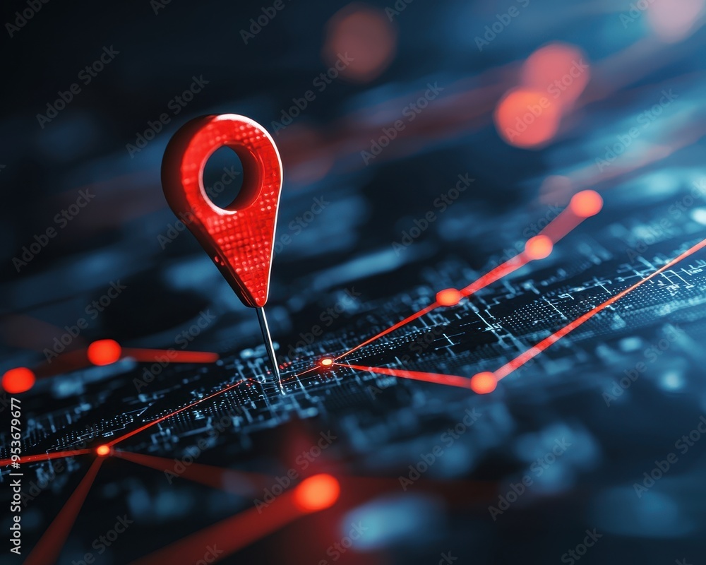 Poster a digital map scene featuring a prominent red location pin on a grid, symbolizing navigation and con
