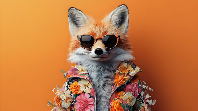 A red fox wearing sunglasses and a floral jacket on an orange background.