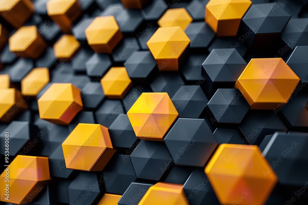 Poster abstract backdrop with yellow and black hexagons. generative ai