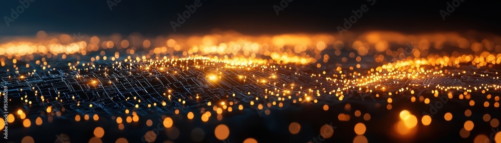 Poster a mesmerizing landscape of luminous lights flowing across a dark background, creating a dynamic visu