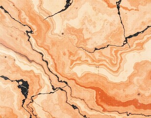 The image displays an abstract pattern reminiscent of a marbled surface. It features a warm, creamy background with swirling veins and patches of orange and brown hues. Thin, dark lines create intrica