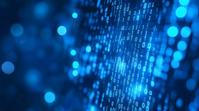 Digital binary code background with a bokeh effect, symbolizing data technology and information exchange in the digital age