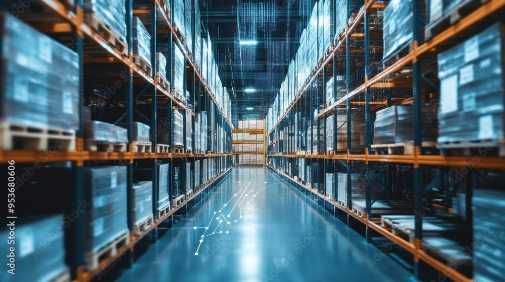 Poster Rows of Pallets Stacked with Boxes in a Modern Warehouse with a Digital Overlay